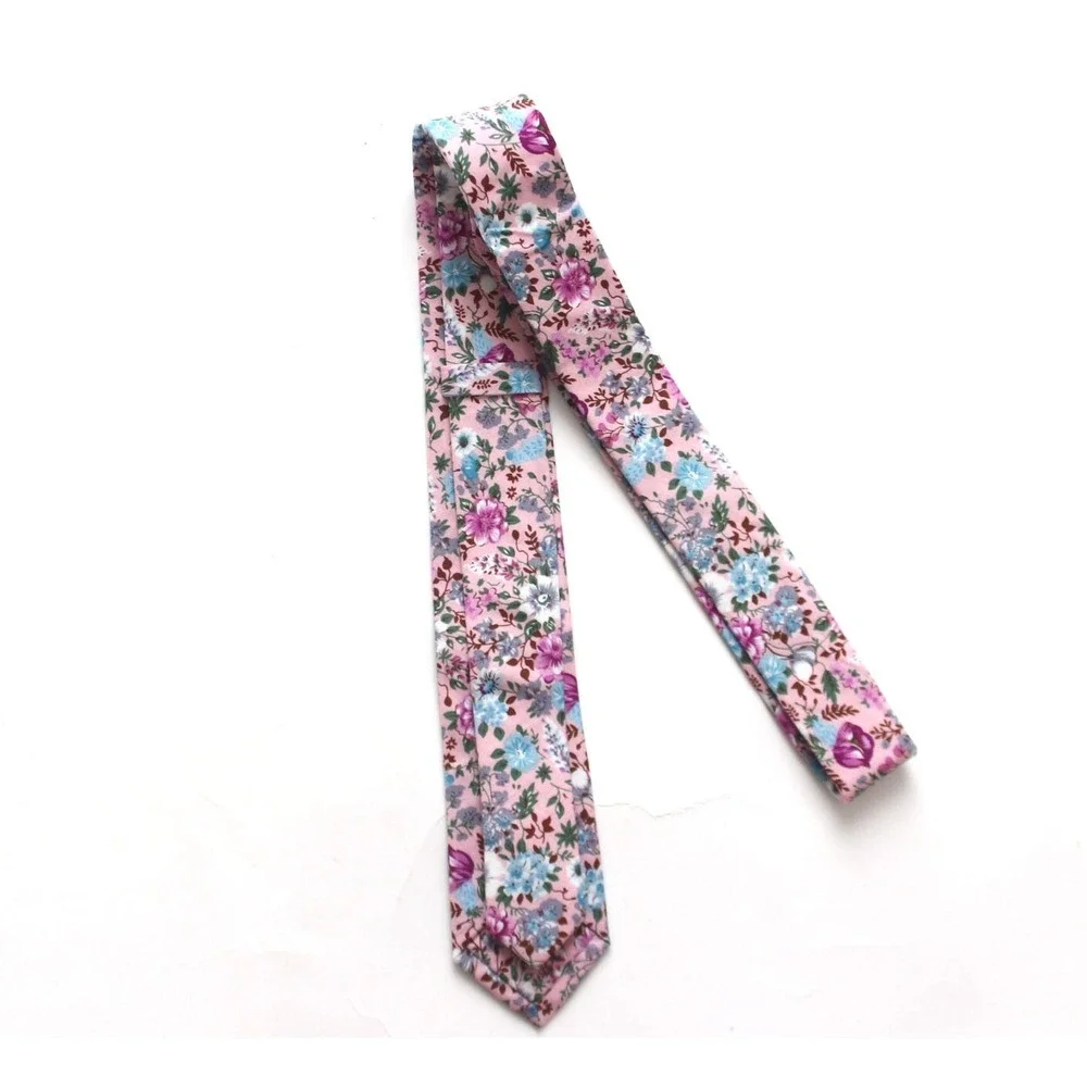 Men's Skinny Necktie Pink Floral Cotton Tie 2.5